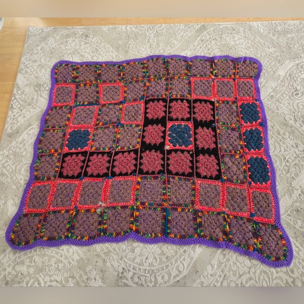 Vintage handmade knit crochet colorful blanket